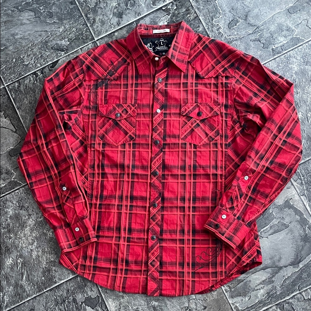 ROCK 47 Y2K Snap-Button Plaid Graphic Button-Up Shirt Streetwear Western Grunge